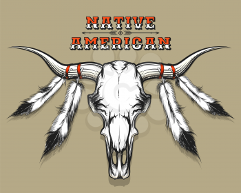 Bull Skull with feathers drawn in tattoo style. Native americans theme for emblem and print. Free font used.
