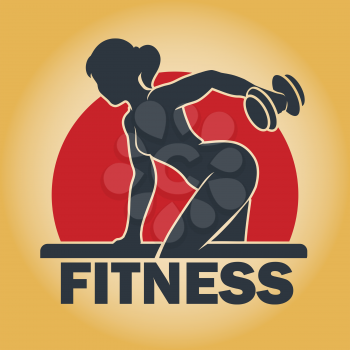 Young fitness woman body with dumbbells training in a gym. Fitness center emblem. Free font used.