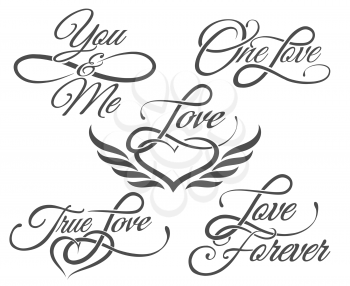 Set of Love Lettering in Tattoo style. Isolated on white.