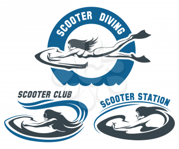 Scooter diving club emblem set. Girls in swimwear and flippers drive underwater scooter. Isolated on white. Free font used.