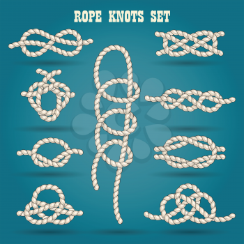 Set of nautical rope knots drawn in vintage style. Vector illustration.