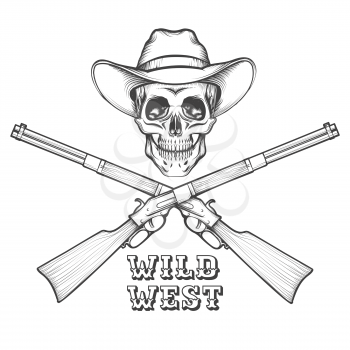 Skeleton in a cowboy hat with Old Rifles. illustration in engraving style.