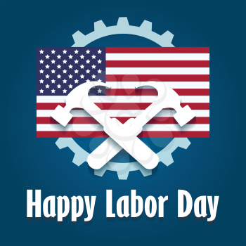Happy Labor Day Emblem with american flag and two hammers.