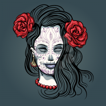 Day of The Dead Illustration. Girl face with Sugar Skull makeup drawn in tattoo style.
