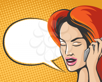 Woman on phone with speech bubble in Pop art comic style. Red haired woman talking on mobile phone. Vector illustration.