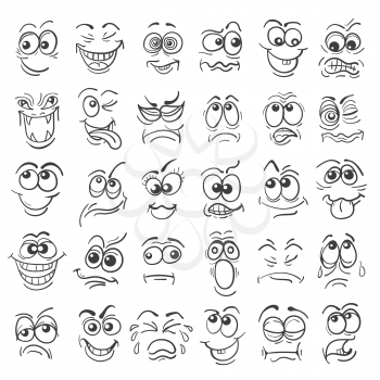 Cartoon face Emotion set. Various facial expressions in doodle style isolated on white. Vector illustration.