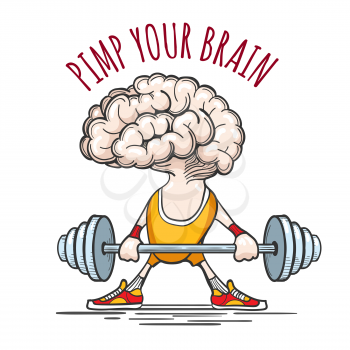 Human brain in sport uniform with barbell and wording Pimp your Brain. Exercising for brain concept. Vector illustration