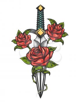 Traditional tattoo with rose flowers and dagger knife. Vector illustration isolated. Colorful Tattoo in engraving style for your use. 