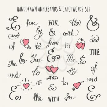 Set of hand drawn ampersands and catchwords. Vector illustration.