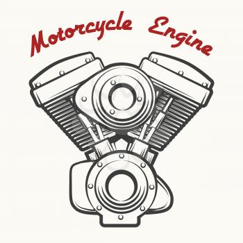 Motorcycle Engine label or emblem drawn in retro engraving style. Vector illustration.
