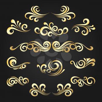 Set of Golden decorative curly shapes. Vintage elements drawn in victorian style for your design. Vector illustration.