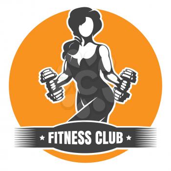 Finess Club logo or Emblem. Woman holding dumbbells doing a work out. Vector illustration