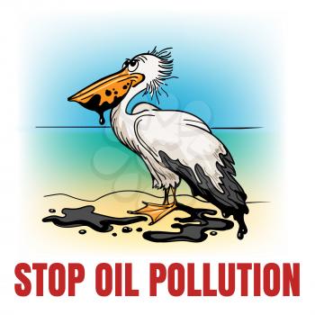 Hand-drawn pelican covered by oil with wording Stop Oil Pollution. Environmental concept. Vector illustration
