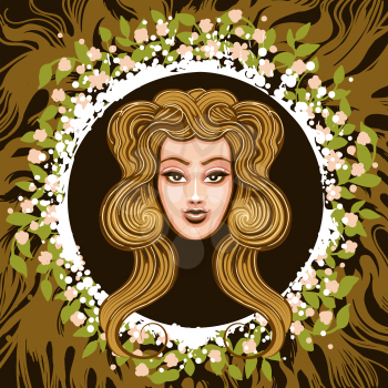 Woman Head in Frame of leaves and roots. Zodiac symbol of Virgo on earth background. Vector illustration.