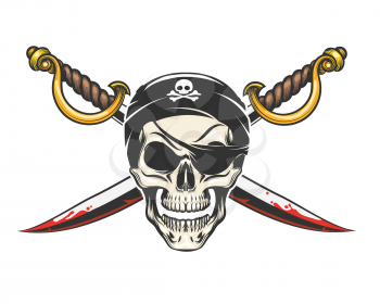 Smiling Human Skull and crossed sabres drawn in tattoo style. Vector Illuistration.