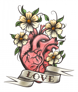 Human heart, flowers and ribbon with hand drawn lettering Love in tattoo style. Vector illustration.