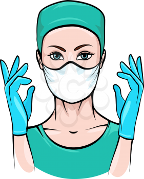 Female surgeon in uniform ready for operation. Vector illustration.