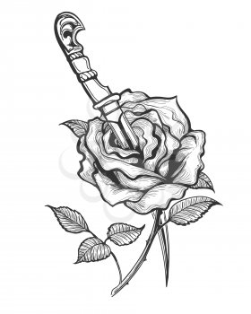 Tattoo of Rose Flower piersed by Dagger. Vector illustration.
