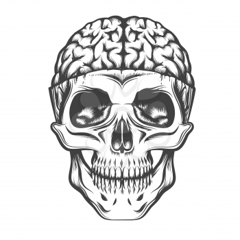 Human Skull with open brain. Vector illustration in tattoo style.