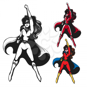 Girl in Superhero costume Standing in heroical pose with Cape Waving in the Wind. Vector illustration.