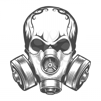Human skull in gas mask. Hand drawn Toxicity emblem. Vector illustration.