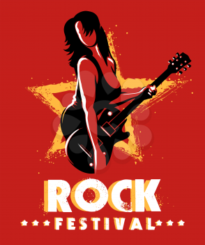 Retro Rock Festival or Rock Music Show Poster with Woman who plays a guitar. Vector illustration.