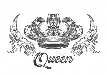Hand drawn Queen crown in Vintage engraving style. Vector illustration.