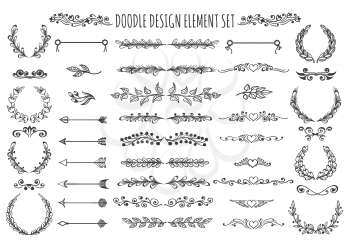 Set of doodle design elements. hand drawn Arrows, wreaths, dividers, headers, hearts and other floral elements for ypur design. Vector illustration.