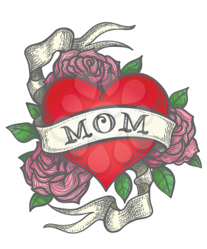 Heart with rose flowers and ribbon with wording MOM. Retro tattoo vector illustration