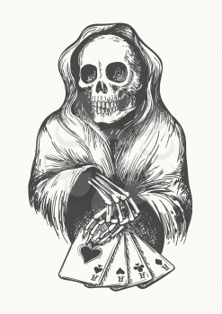 The skeleton in the hood with playing cards. Death symbol with Four Aces combination. Vector illustration in engraving style.