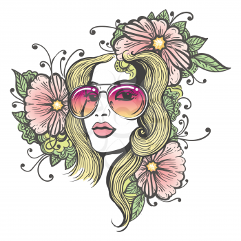 Hand drawn beautiful long haired girl in sun glasses with flowers on white background. Doodle floral illustration in hippie style. 