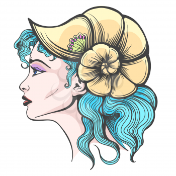 Hand Drawn Beautiful Girl face in Seashell hat and Blue hair. Vector illustration.