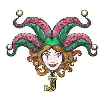 Pretty girl face with joker make-up in masquerade hat drawn in tattoo style. Vector illustration.