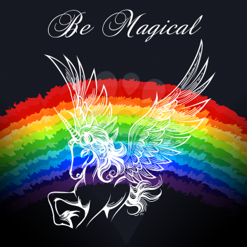 Hand drawn unicorn on the rainbow background with wording Be Magical. vector illustration.