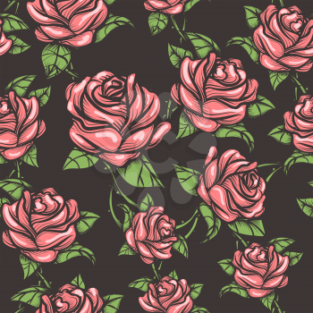 Seamless floral pattern with red roses on dark background. Vector illustration.