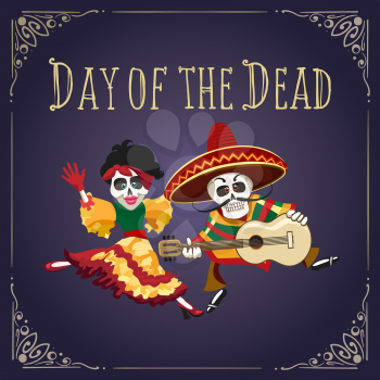 Poster to Mexican holiday Day of the dead with dancing skeletons in festive clothes. Vector illustration