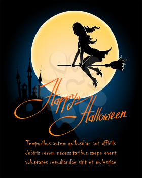 Happy Halloween poster with flying witch, dark castle and moon. Vector illustration.