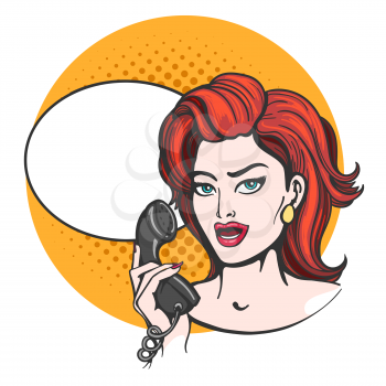 Woman with phone and speech bubble drawn in pop art style. Vector illustration.