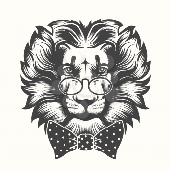 Portrait of Lion Head with round glasses and bow tie. Vector illustration in engraving style.