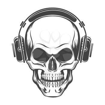Hand Drawn Human Skull with Headphones. Vector illustration in tattoo style.