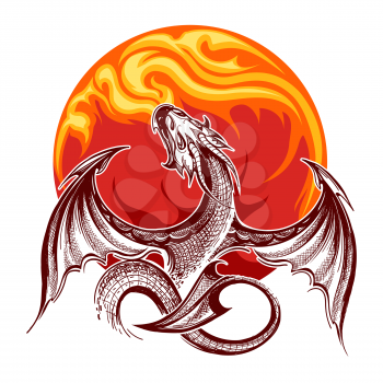Flying fire-breathing Dragon on flame background. Vector illustration.