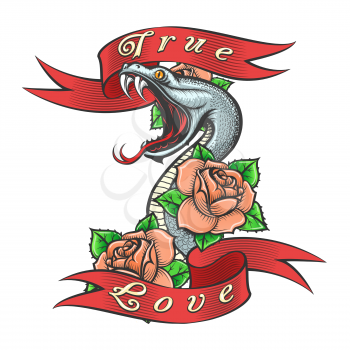 Snake in Rose flowers and lettering True love drawn in Old school Tattoo Style.  Vector illustration.
