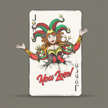 Joker coming out of fractured playing card with lettering You Lose. Vector illustration.