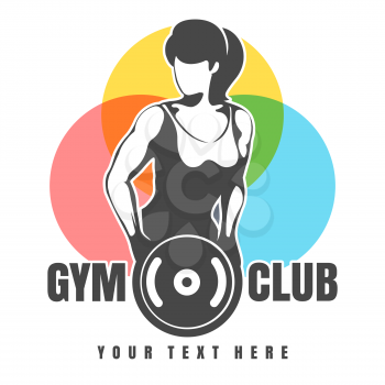 Fitness club or Gym emblem in retro style. Athletic Woman holds Weight plate. Vector illustration.