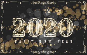Happy New 2020 Year Card Design in Vintage Style. Hand lettering on black background with golden bubbles. Vector Illustration.