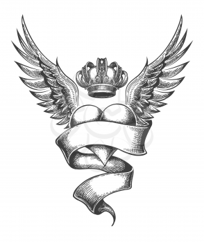 Heart with Crown, Ribbon and Wings Tattoo Drawn in Engraving Style.