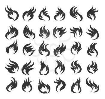Fire flames Icon set. Thirty vector icons of fire on white background. Vector Illustration
