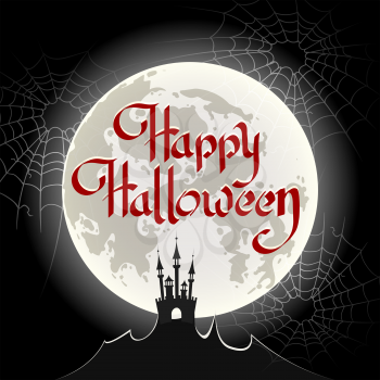 Hand drawn Happy Halloween lettering with moon and spider web background. Vector illustration