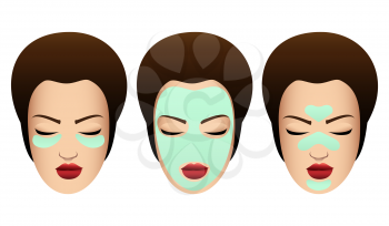 Set of Female Faces with variuos Beauty Masks. Cosmetic Procedure template. Vector illustration.