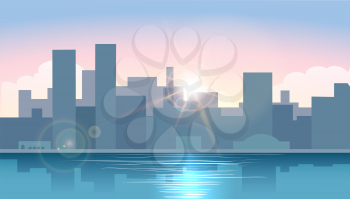Early Morning cityscape. Sunrise in town on a water. Morning Urban cityscape. Vector illustration